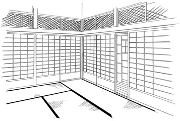 漫画風ペン画イラスト　和風_階段・室内
