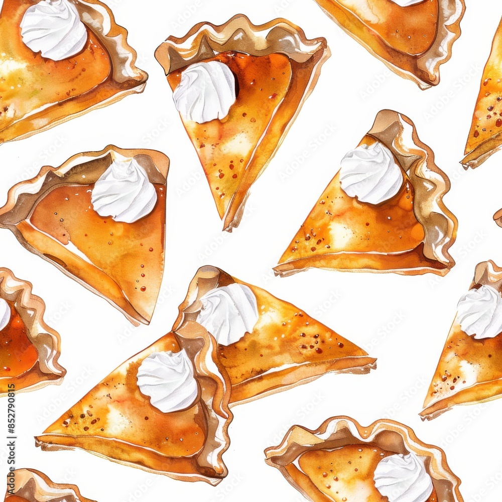 Poster this watercolor illustration features a seamless pattern of pumpkin pie slices with whipped cream on