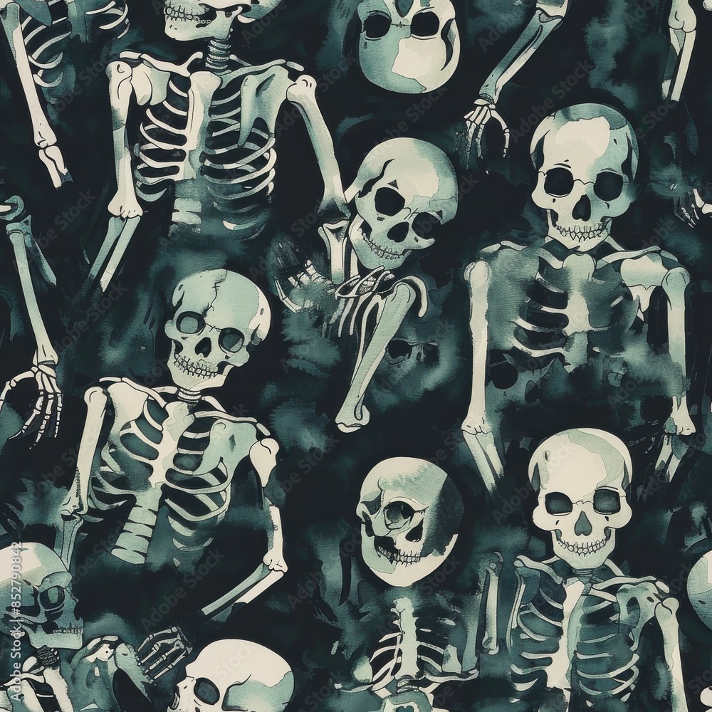 Poster This image features a repeating pattern of watercolor skeletons on a black background. The skeletons are rendered in a light gray color, with detailed bone structures and skulls. The background is a d