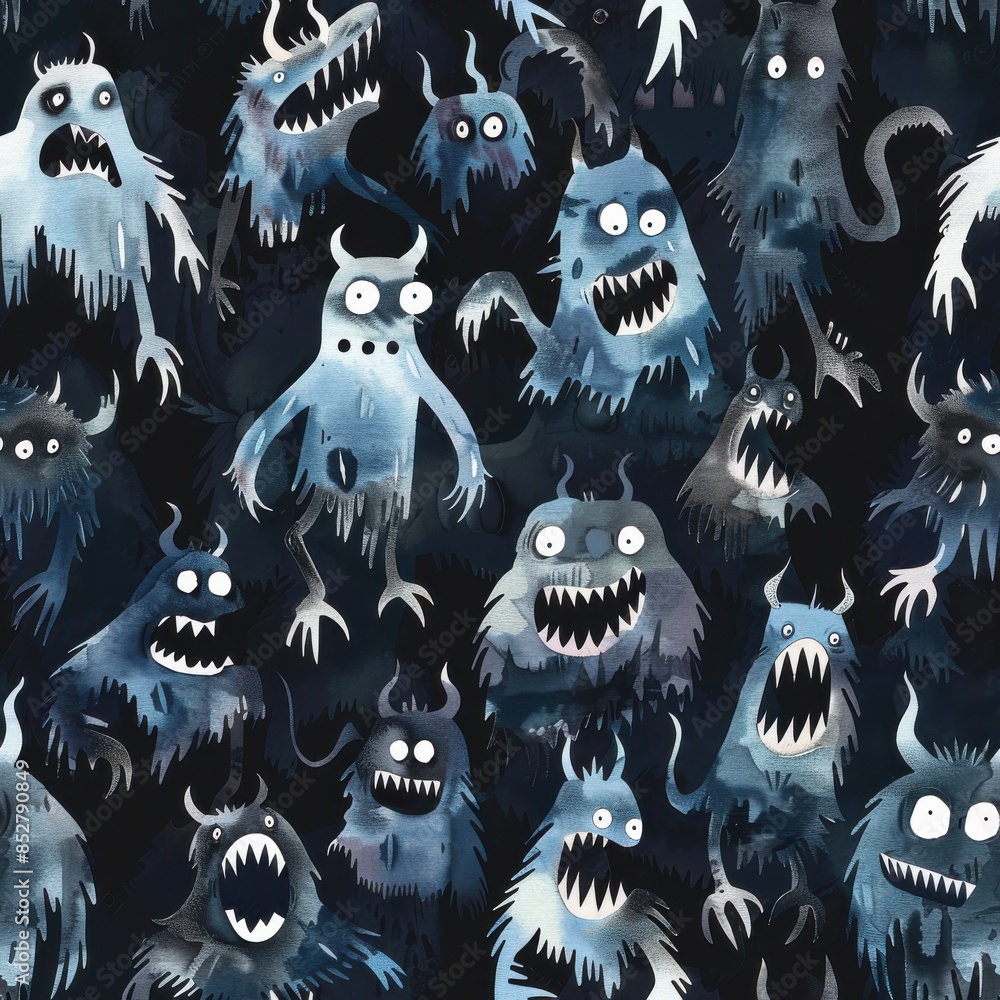 Poster an illustration depicting a dark, watercolor design with numerous blue monsters with horns and big t