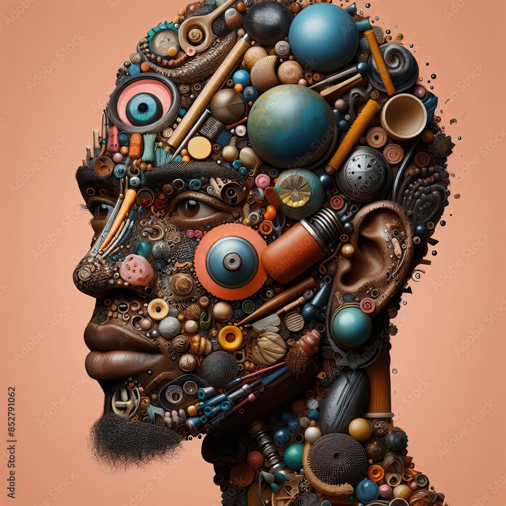 Poster Intricate digital artwork featuring a human face composed of various objects and mechanical parts. The imaginative design blends art and technology, offering a unique visual experience.. AI Generation