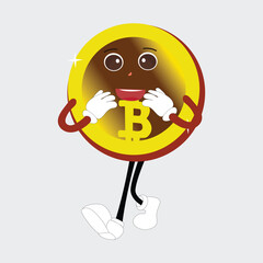 Naklejka premium Bitcoin Crypto Currency Character Design Mascot, gestures of cute bitcoin characters. Vector illustrations of crypto coins. Cartoon funny gold mascots with legs and arms