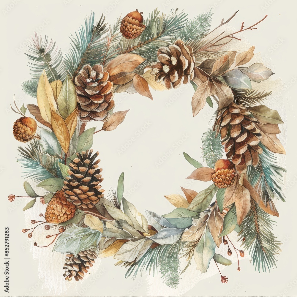 Poster this is a watercolor illustration of a wreath made of pine cones, evergreen branches, and autumn lea