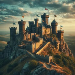 Fototapeta premium A stunning medieval castle perched on a rocky hill, bathed in the golden light of sunset. The fortress, with its tall towers and battlements, stands as a testament to historical grandeur and