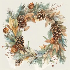 Fototapeta premium This is a watercolor illustration of a wreath made of pine cones, evergreen branches, and autumn leaves. The wreath is circular and is rendered in a realistic style.