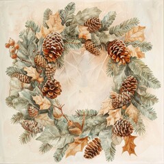 Fototapeta premium A watercolor illustration depicting a Christmas wreath made of pine branches, pine cones, and fall leaves, with a soft, snowy background.