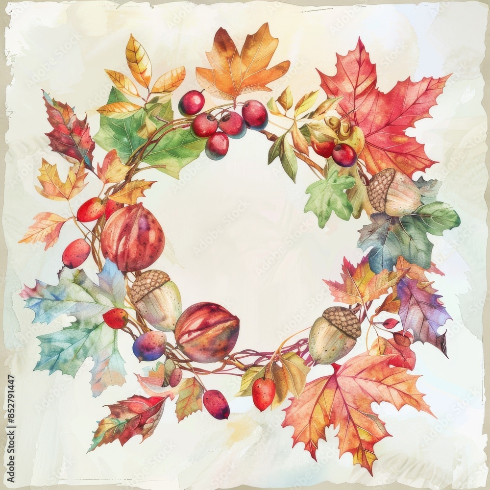 Poster this image is a watercolor painting of a circular wreath composed of autumn leaves, berries, and aco