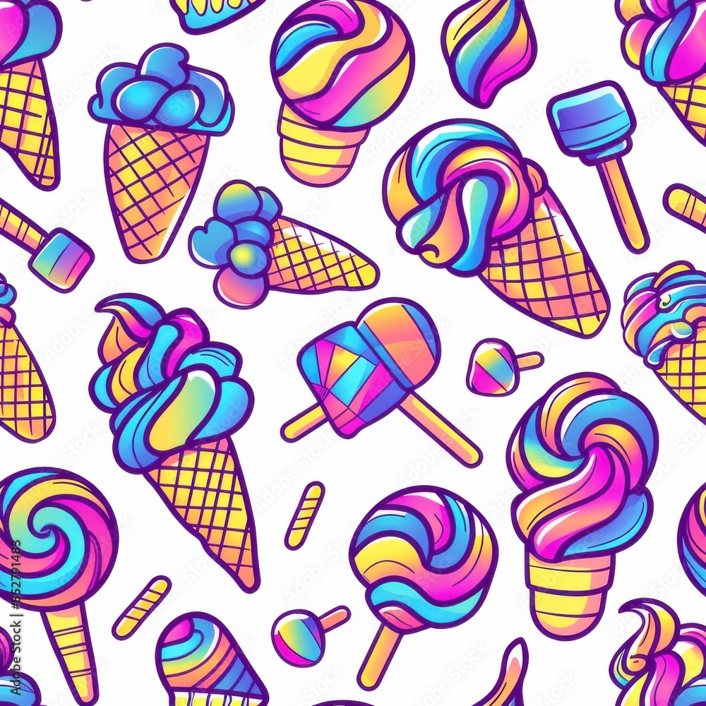 Aufkleber This vibrant illustration features a seamless pattern of various colorful ice cream cones, popsicles, and lollipops. The whimsical design is perfect for adding a fun and playful touch to any project.