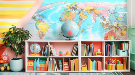 A bright and cheerful study area with a meticulously organized bookshelf holding childrena??s books, a globe showcasing different countries, educational toys, and a small potted plant in the corner