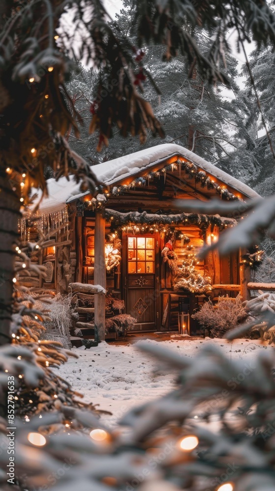 Poster A rustic cabin with a snow-covered roof is illuminated by warm string lights in a snowy forest. The cabins windows glow with inviting light, creating a sense of warmth and holiday cheer. The scene is 