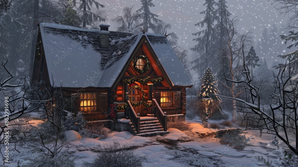 Poster a cozy log cabin decorated for christmas stands nestled amongst tall snow-covered trees in a forest.