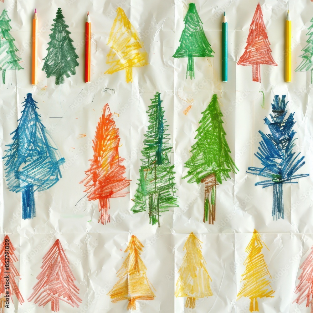 Poster this image shows a collection of colorful crayon drawings of pine trees on white paper. the trees ar