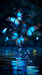夜の湖に綺麗に青白く輝いている蝶、コピースペース,テキスト用スペース,Generative AI,Butterfly shining beautifully pale on a lake at night, Copy Space,Space for text,Generative AI,