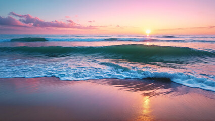 Fototapeta premium A serene beach at sunrise, with soft waves gently caressing the shore and a pastel sky reflecting in the water, creating a moment of pure tranquility, Generative AI