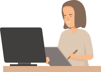 Designer is using a graphic tablet and pen display while working on a laptop at her desk