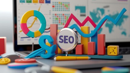 3d seo optimization, stock trading, data analysis, web analytics, and seo marketing concept. 