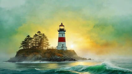 Obraz premium pop art A tranquil scene of a lone lighthouse standing amidst dense fog, symbolizing guidance and solitude, Generative AI