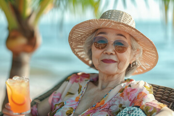 Fototapeta premium Old asian woman lies on the beach on a sun lounger, senior person on a tranquil holiday, wearing sunglasses and a hat, calm by the ocean.