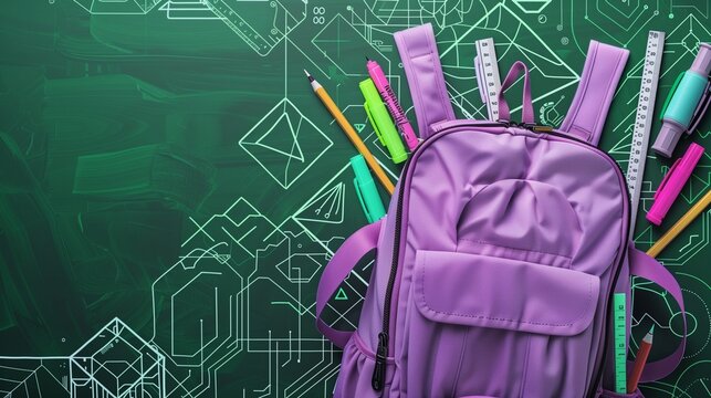 A chic lavender school backpack filled with various stationery items such as neon markers, rulers, and glue sticks, against a deep green background with geometric designs and space for text, - Powered by Adobe
