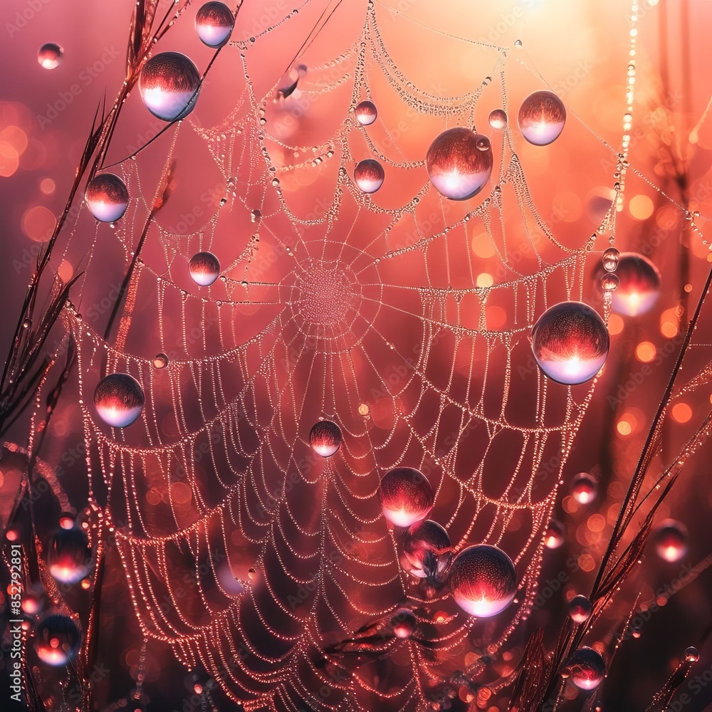 Poster a delicate spider web covered in dew droplets glistens in the soft morning light. the intricate patt