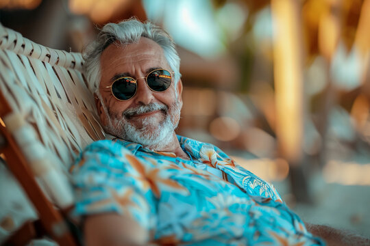 Old man lies on the beach on a sun lounger, mature man at resort, under palm trees, tranquil beach day.