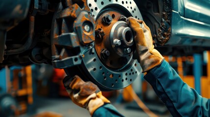 Auto mechanic installing front brake calipers and brake pads.