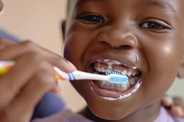 Close-Up of Parent Helping Child Brush Teeth - Focus on Toothbrush and Child's Smile for Oral Hygiene