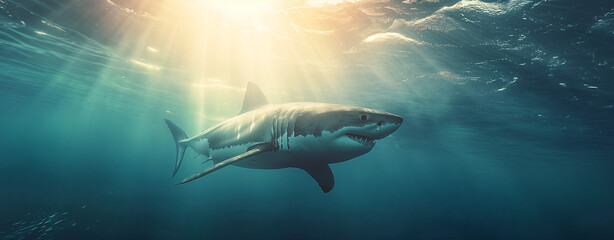 A great white shark swimming in the ocean, sun rays shining through the water, hyper realistic photography in the style of nature