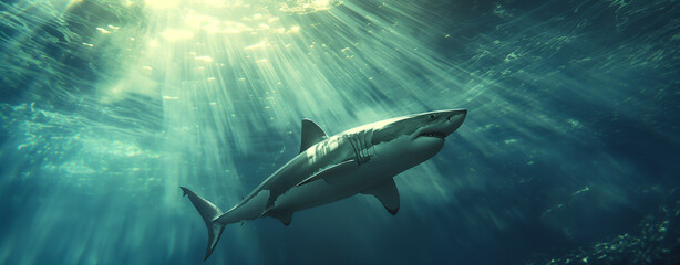 Fototapeta premium A great white shark swimming in the ocean, sun rays shining through the water, hyper realistic photography in the style of nature