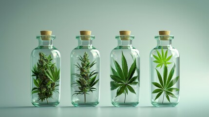Organic cannabis leaves in glass bottles. herbs medicine . 