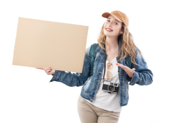Happy traveling young woman tourist smiling and showing a blank cardboard sign, is hitchhiking. Isolated on white background. Concept of summer holiday or travel influencer content creator