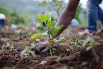 Volunteer Effort Planting Young Saplings to Combat Deforestation and Promote Environmental Sustainability