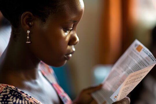 Woman Reading Family Planning Pamphlet at Community Health Center