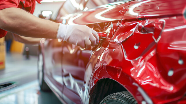A specialist specializing in car body repair removes dents from car fenders with full commitment and precision, restoring them to their original aesthetics.