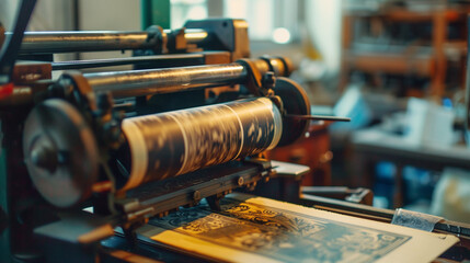A close shot of a printer in action in a publishing house. The machine works with speed and precision, printing pages of books and magazines, which are then distributed to readers around the world.