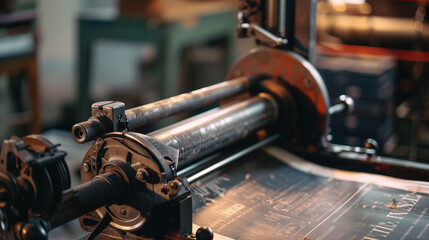 Fototapeta premium A close shot of a printer in action in a publishing house. The machine works with speed and precision, printing pages of books and magazines, which are then distributed to readers around the world.