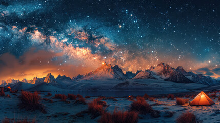 Fototapeta premium Adventure and travel, campers in the mountains under a starry sky with the Milky Way, the serene panorama showcasing the beauty of nature and the thrill of exploration.