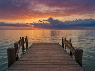 Fototapeta premium Weathered wooden pier stretches into calm sea, bathed in warm glow of vibrant sunset. Clouds partially obscure sun near horizon, casting orange, pink, purple hues on waters surface.