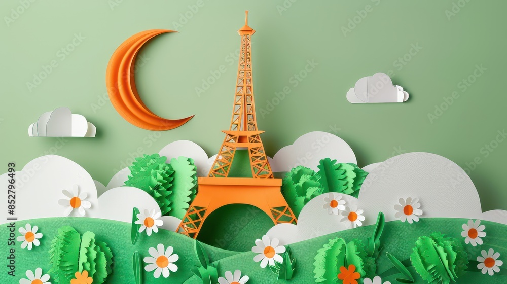 Poster dimensional kirigami art of eiffel tower with symmetric design and vibrant colors under bright sky -