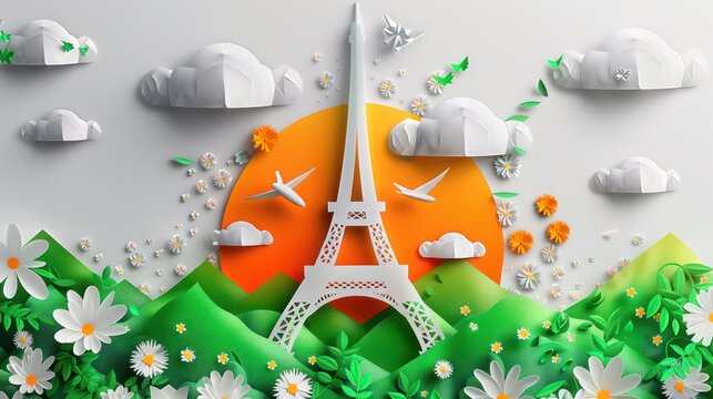 Symmetric Kirigami Art of Eiffel Tower in Vibrant Colors with Floral Accents on Clean Background - Creative Paper Craft Concept
