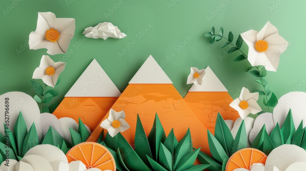 Poster intricate kirigami art of the pyramids of giza with symmetric layout on bright background with cloud