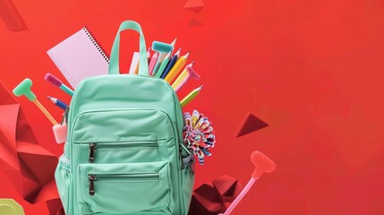 A mint green school backpack bursting with vivid stationery items like pastel highlighters, fancy erasers, and spiral notebooks, set against a bold red background with dynamic