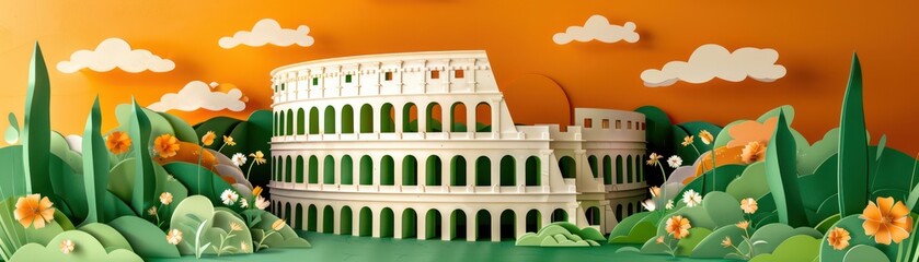 Intricate Kirigami Art of Colosseum in Harmonious Symmetry Against Bright Background with Floral Accents