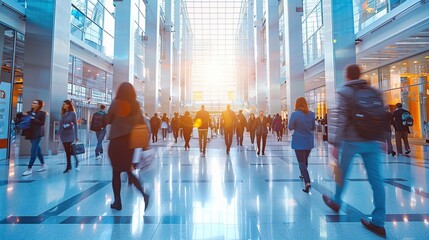 business people walking in the corridor of an business center, pronounced motion blur, crowded bright modern light office movement defocused. office background busy. talking and rushing in the lobby.