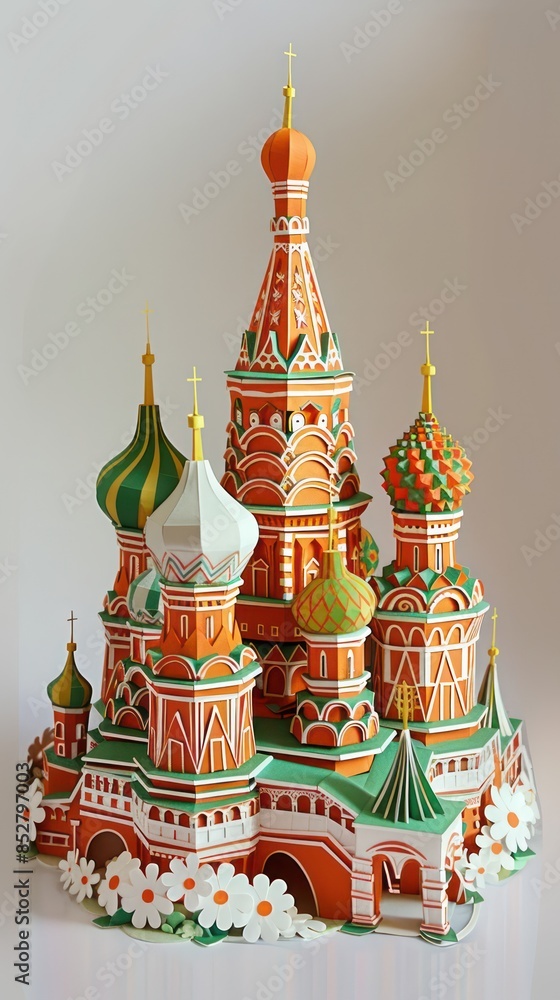 Poster intricate kirigami art of st. basil's cathedral with symmetrical design on clean background with vib