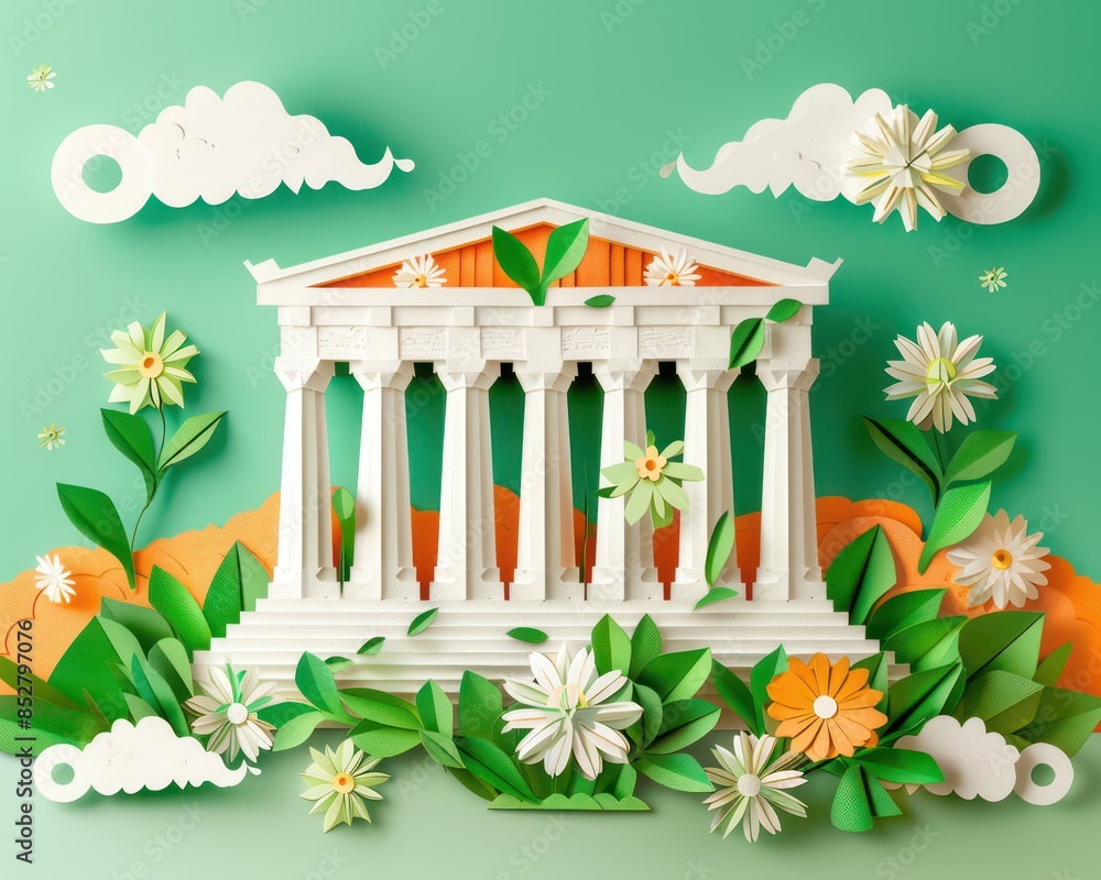 Poster architectural elegance: kirigami acropolis with symmetric design and nature elements