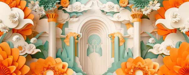 Obraz premium Architectural Beauty: Symmetrical Kirigami of Petra with Vibrant Hues on Clean Background