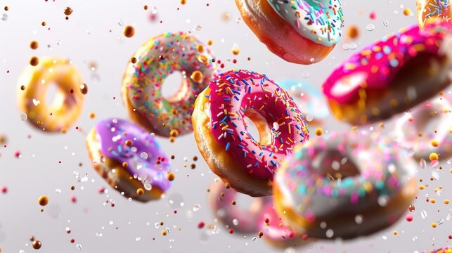 flying doughnuts scene - mix of multicolored sweet donuts with sprinkel on blue background