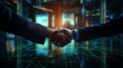 Futuristic business partnership  creative digital handshake with investment data visualization