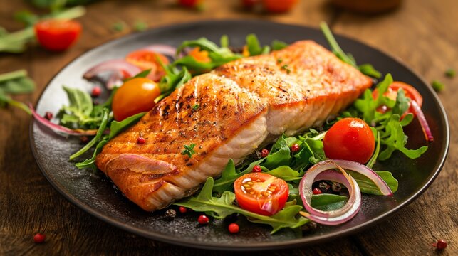 Grilled Salmon Fillet on Fresh Salad. Healthy Salmon Salad with Vegetables